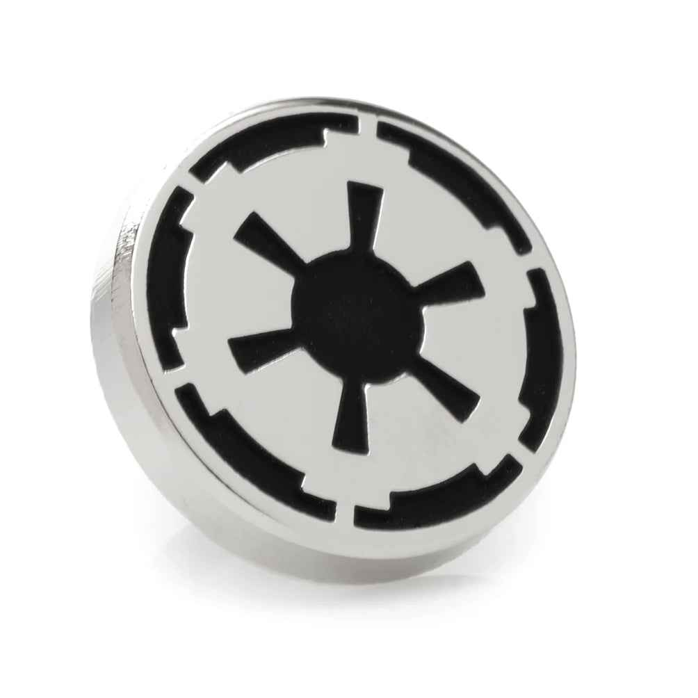 Round silver and black metal Imperial Crest lapel pin from the Star Wars Rebel Alliance Starbird Crest and Imperial Crest Gray Dress Socks and Lapel Pin Gift Set.