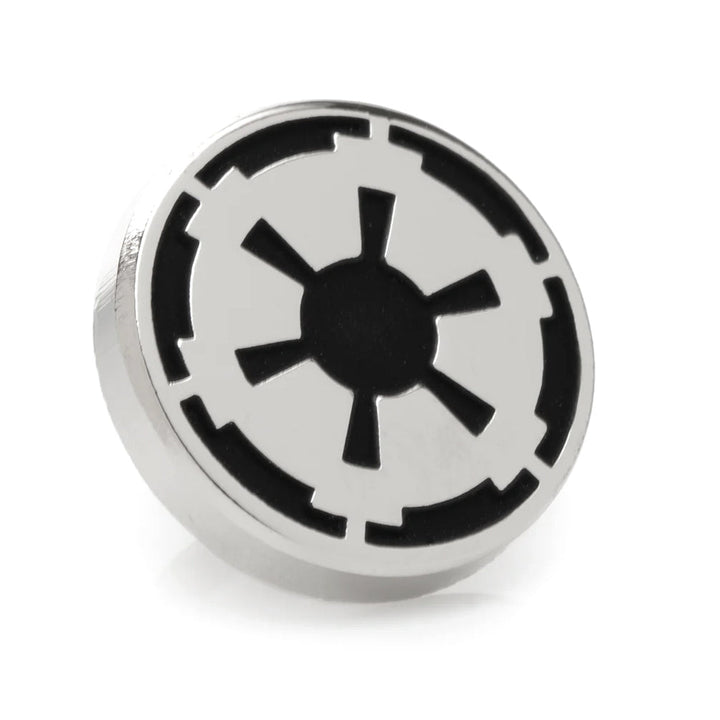 Round silver and black metal Imperial Crest lapel pin from the Star Wars Rebel Alliance Starbird Crest and Imperial Crest Gray Dress Socks and Lapel Pin Gift Set.