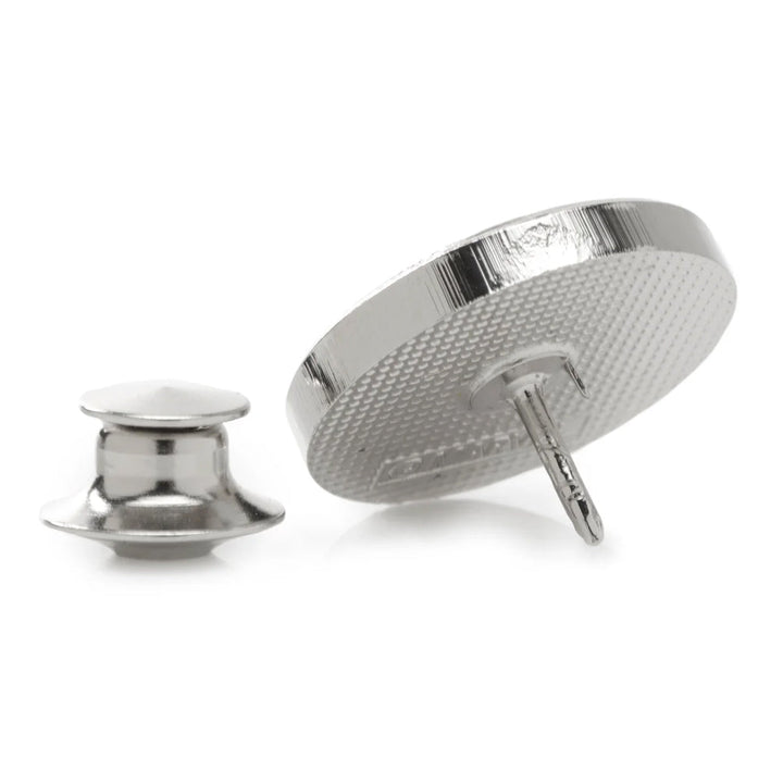 Back and front view of the Imperial Crest lapel pin from the Star Wars Rebel Alliance Starbird Crest and Imperial Crest Gray Dress Socks and Lapel Pin Gift Set, shown with its clutch fastener.