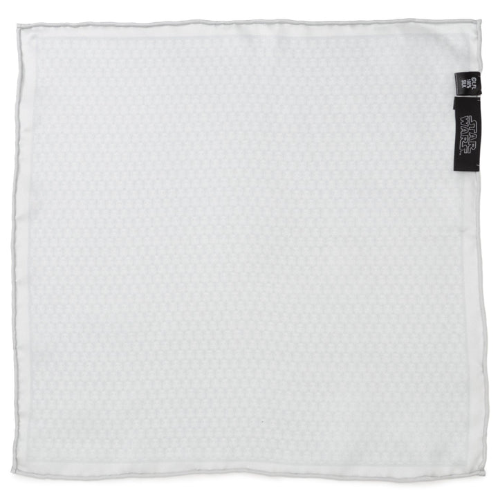 Star Wars Stormtrooper White Silk Pocket Square featuring a subtle repeating Stormtrooper helmet pattern and a black Star Wars logo tag.