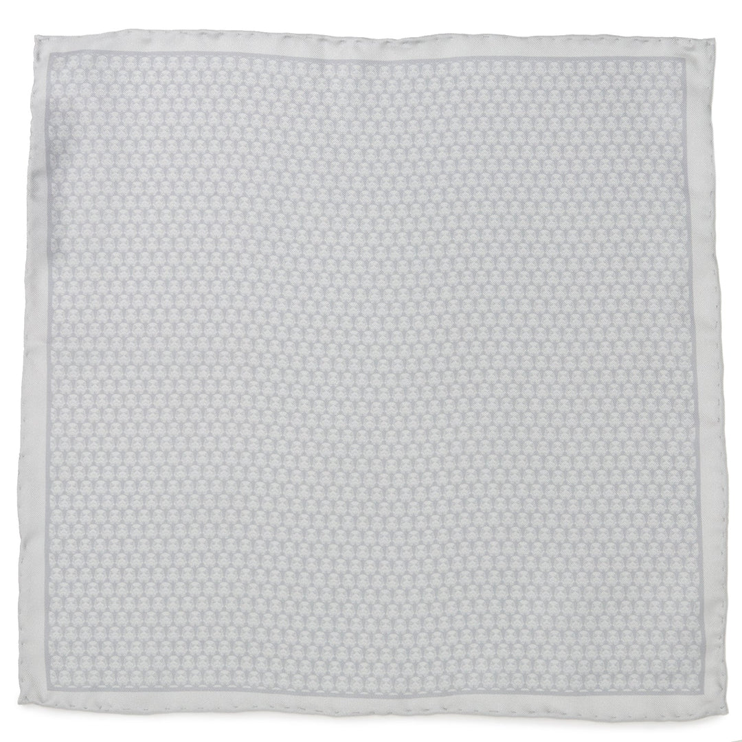 Star Wars Stormtrooper White Silk Pocket Square with a light grey repeating pattern of helmets.