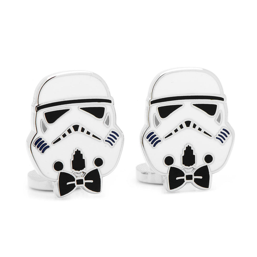 Star Wars Stormtrooper with Bow Tie Cufflinks, each shaped like a silver-toned helmet wearing a small black bow tie.