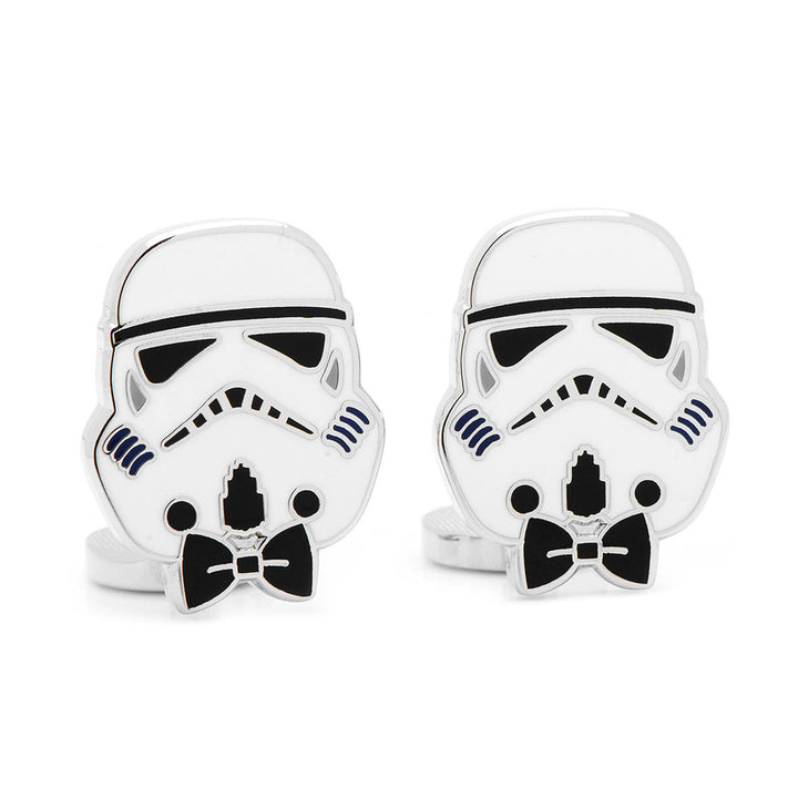 Star Wars Stormtrooper with Bow Tie Cufflinks, each shaped like a silver-toned helmet wearing a small black bow tie.
