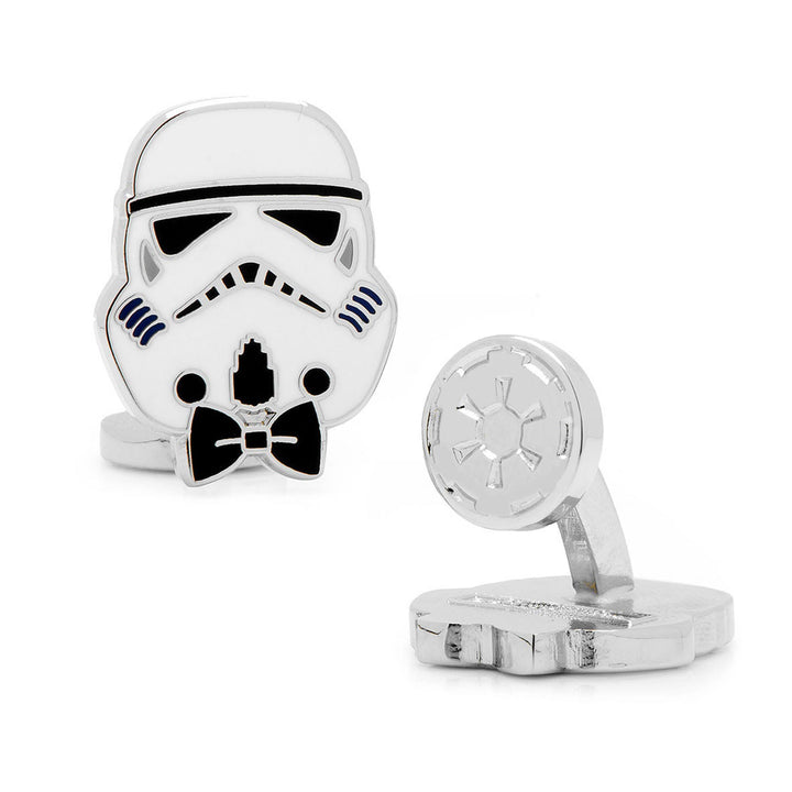 Star Wars Stormtrooper with Bow Tie Cufflinks by Cufflinks.com featuring one silver-toned Stormtrooper helmet with a black bow tie and one circular Imperial crest.