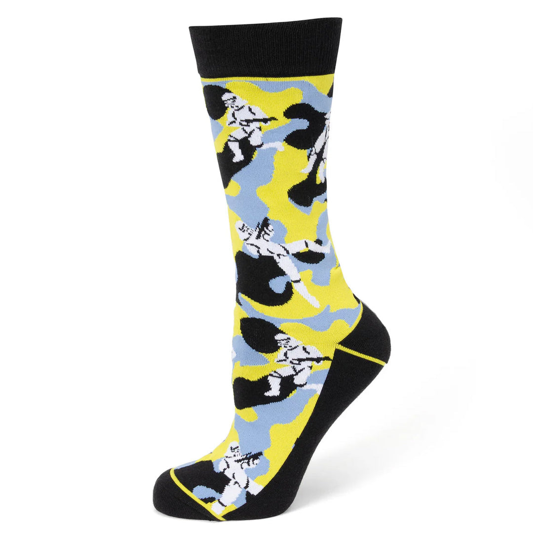 Star Wars Stormtrooper Yellow Camo Dress Socks and Lapel Pin Gift Set crew sock featuring a yellow, black, and light blue Stormtrooper camo pattern with white Stormtrooper figures.