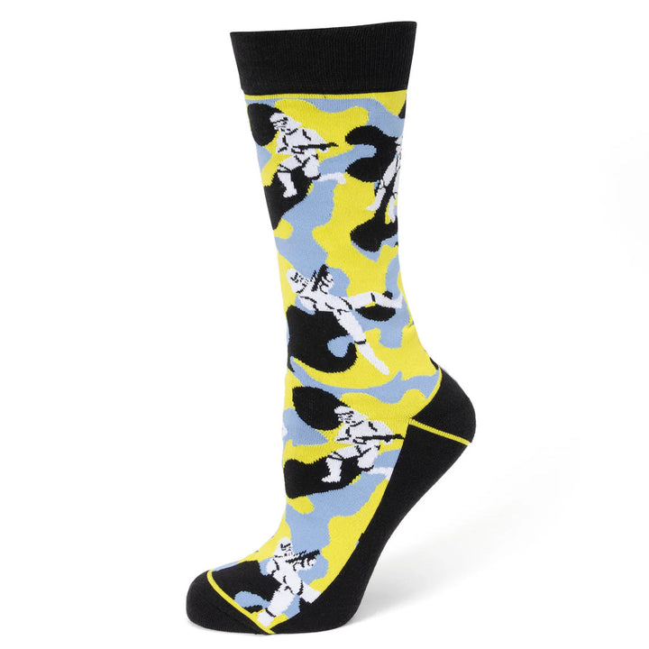 Star Wars Stormtrooper Yellow Camo Dress Socks and Lapel Pin Gift Set crew sock featuring a yellow, black, and light blue Stormtrooper camo pattern with white Stormtrooper figures.