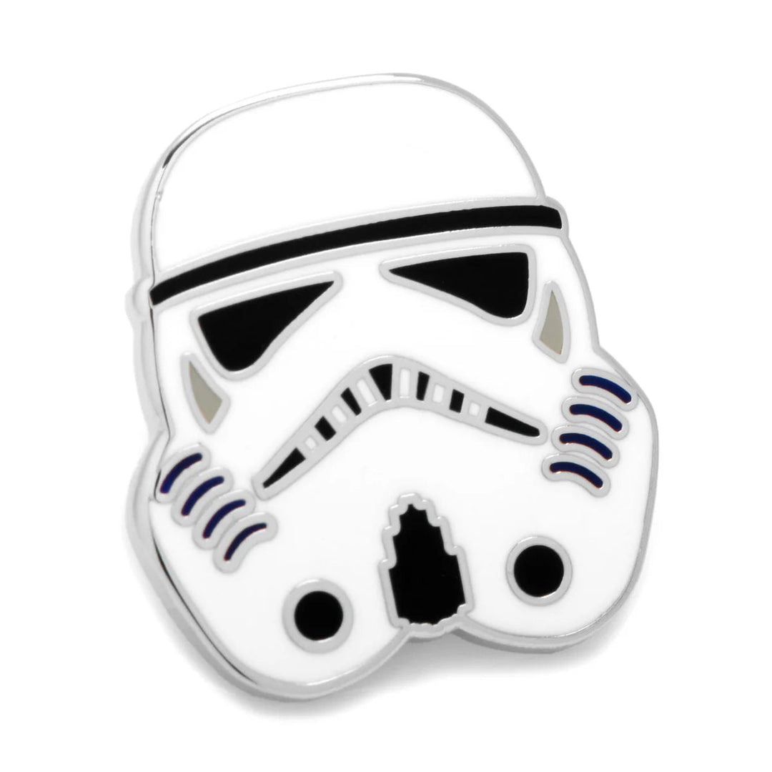 Enamel pin shaped like a white and black Stormtrooper helmet from the Star Wars Stormtrooper Yellow Camo Dress Socks and Lapel Pin Gift Set.