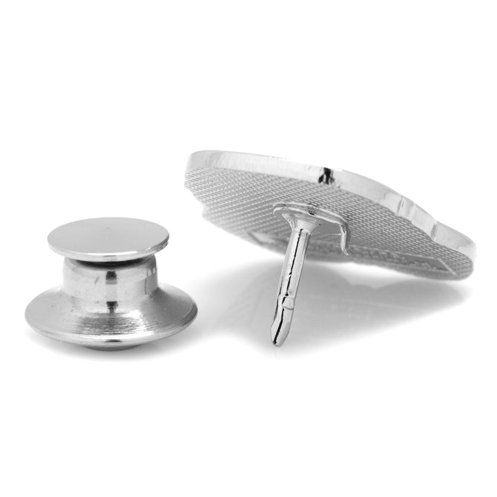 Back view of a silver metal Star Wars Stormtrooper Lapel Pin, displayed with a separate circular clutch fastener.