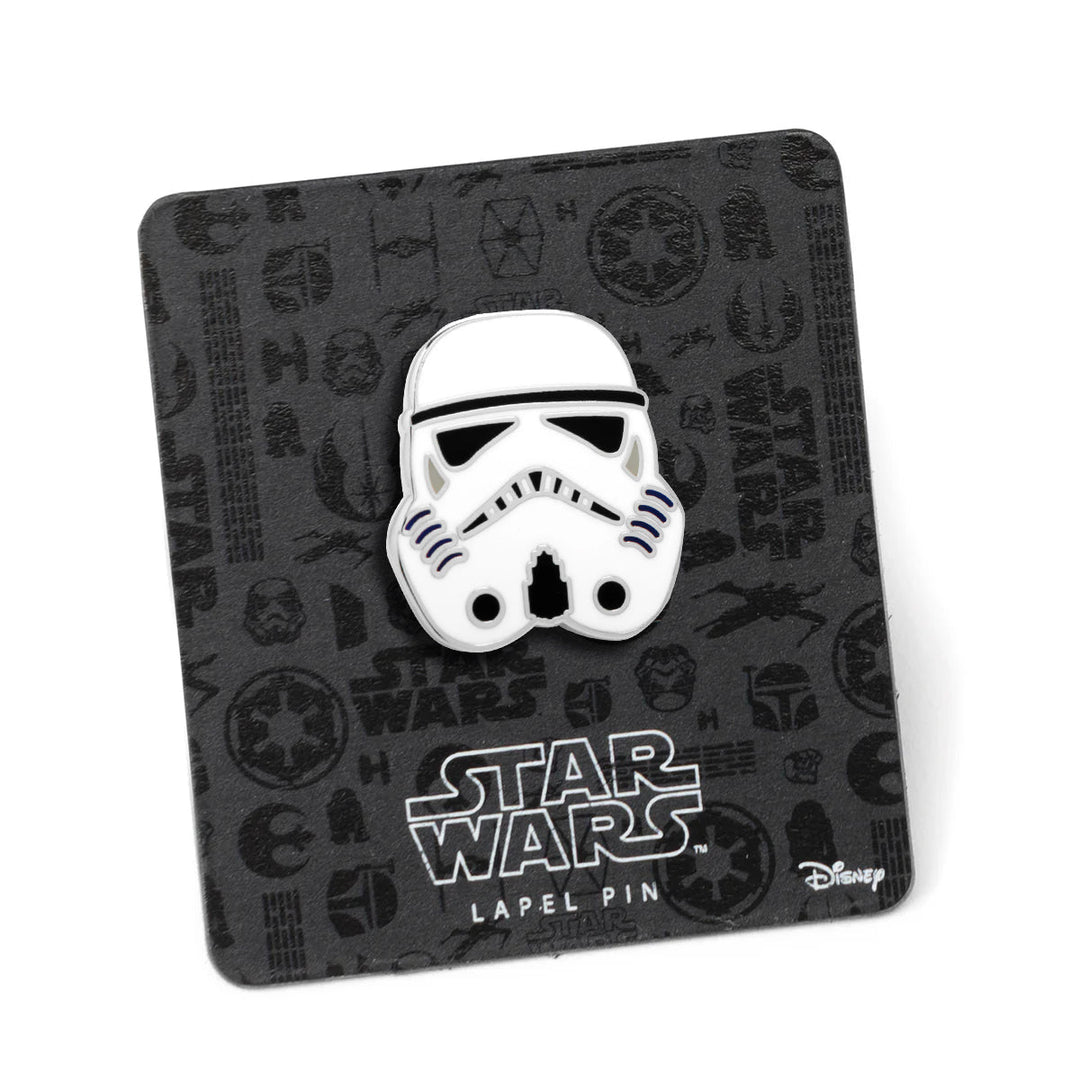 A white and black Star Wars Stormtrooper Lapel Pin centered on a square backing card featuring logos and character silhouettes.