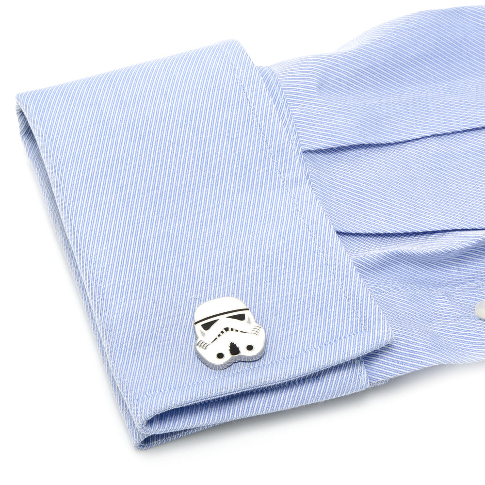 Star Wars Stormtrooper - Cufflinks fastened to a light blue pinstriped shirt cuff.