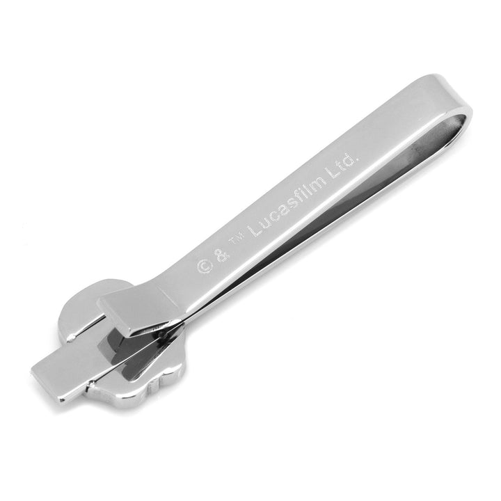 Star Wars Stormtrooper Stainless Steel Tie Bar made of silver-tone stainless steel, shaped like a Stormtrooper helmet with a copyright engraving on the back.