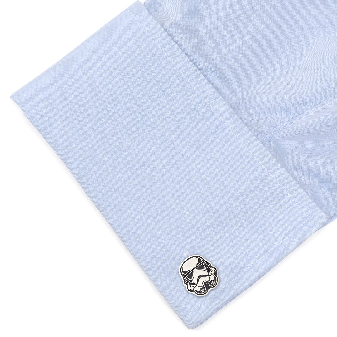 Star Wars Stormtrooper Stainless Steel Cufflinks shaped like silver-tone helmets attached to a light blue French cuff.