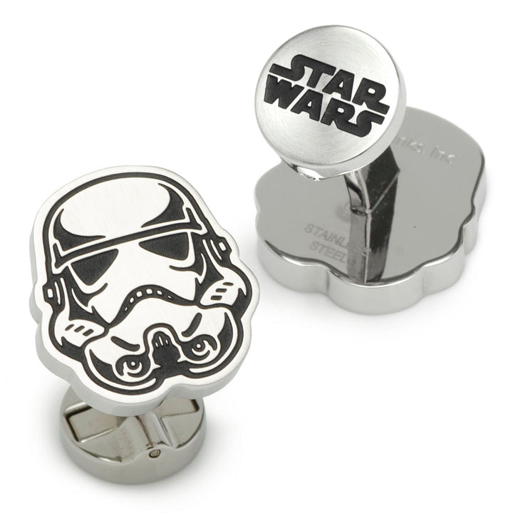 Star Wars Stormtrooper Stainless Steel Cufflinks featuring one stormtrooper helmet and one round franchise logo design.