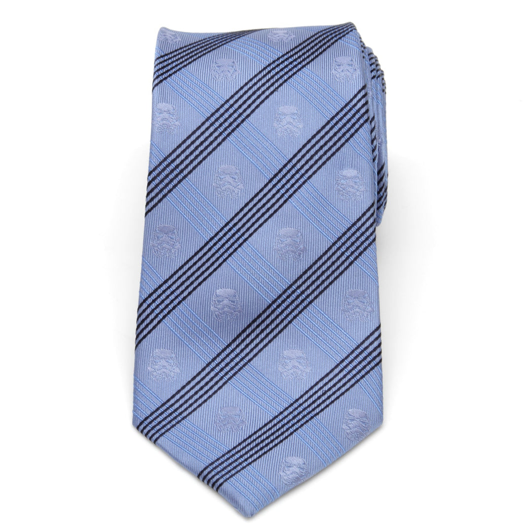 Star Wars Stormtrooper Blue Plaid Tie in light blue featuring a dark blue plaid pattern and repeating Stormtrooper helmet icons.