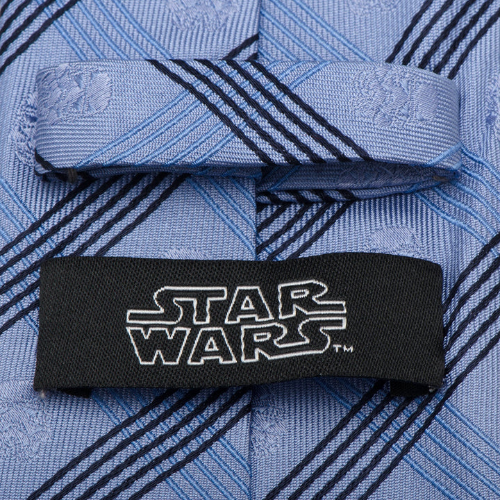 Star Wars Stormtrooper Blue Plaid Tie in light blue with a dark blue diagonal stripe pattern, faint Stormtrooper helmet silhouettes, and a black logo label.