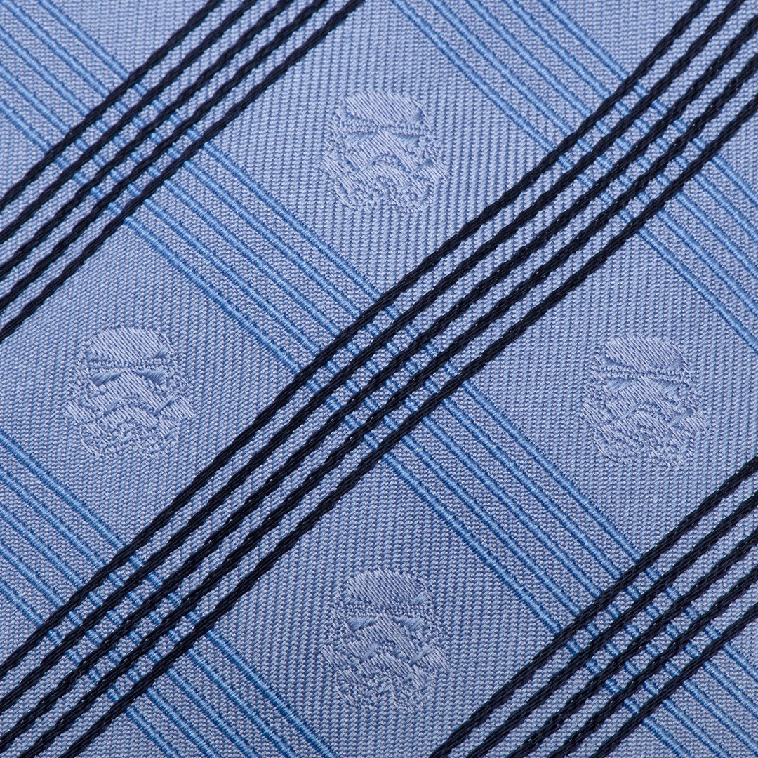 Star Wars Stormtrooper Blue Plaid Tie in light blue featuring a dark blue plaid pattern and repeating Stormtrooper helmet icons.