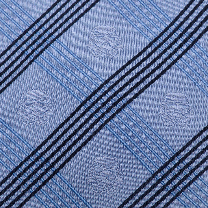Star Wars Stormtrooper Blue Plaid Tie in light blue featuring a dark blue plaid pattern and repeating Stormtrooper helmet icons.