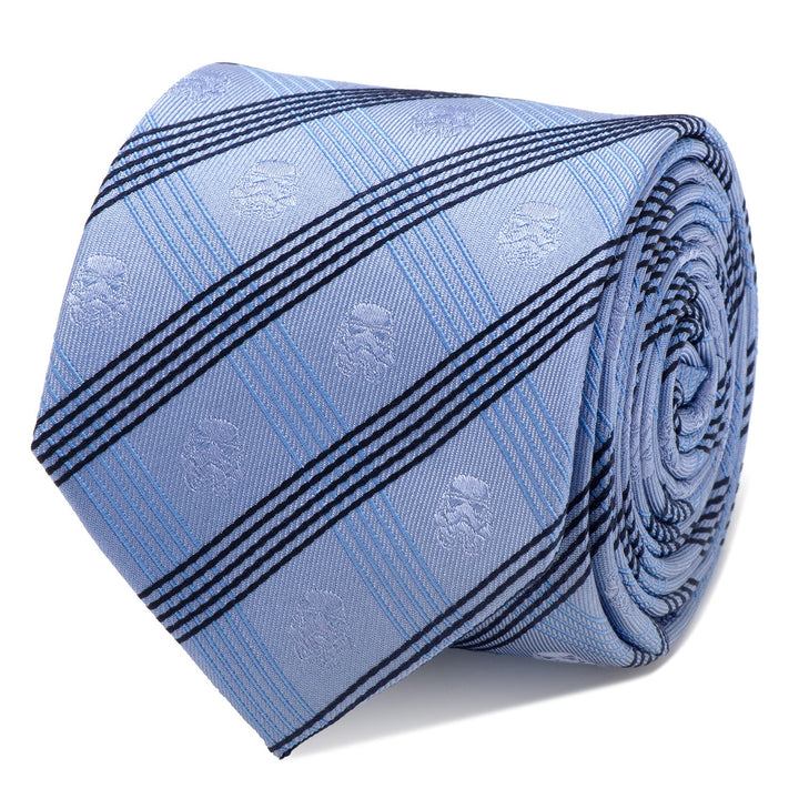 Star Wars Stormtrooper Blue Plaid Tie in light blue featuring diagonal dark blue stripes and repeating Stormtrooper helmet patterns.