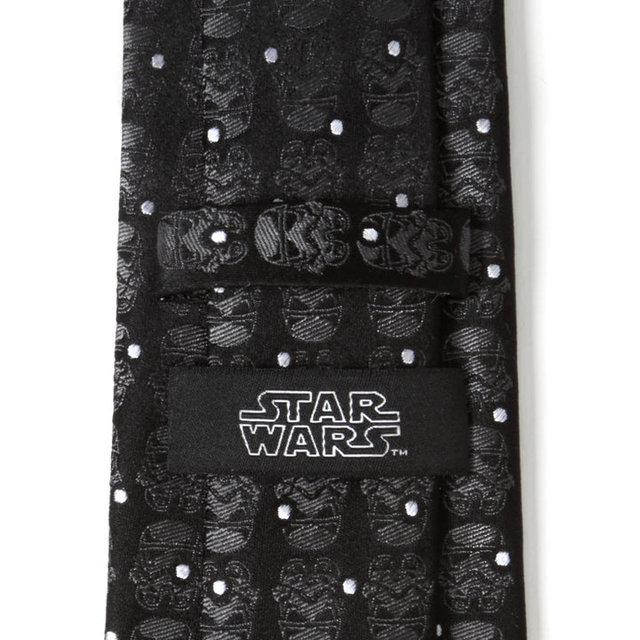 A black Star Wars Stormtrooper Dotted Black Tie featuring a repeating helmet pattern, small white dots, and a brand label on the back.