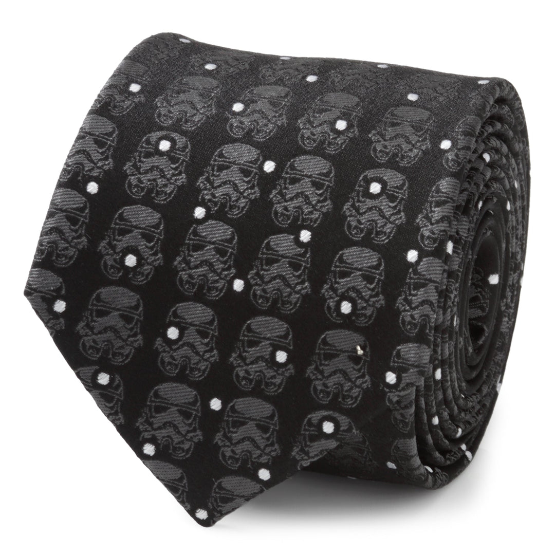 Star Wars Stormtrooper Dotted Black Tie featuring a repeating pattern of white dots and grey Stormtrooper helmets.