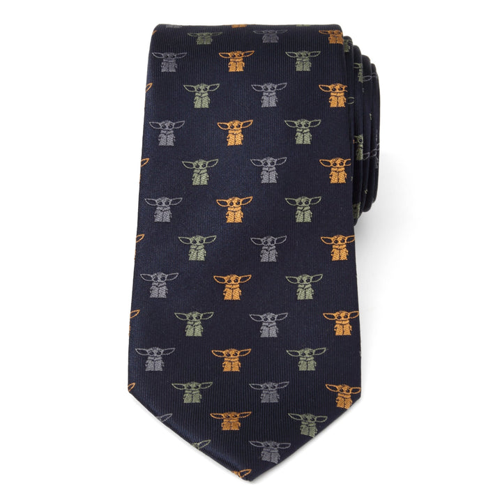 Star Wars Navy Dotted Tie in navy blue silk with a repeating pattern of small Grogu figures in orange, green, and gray.