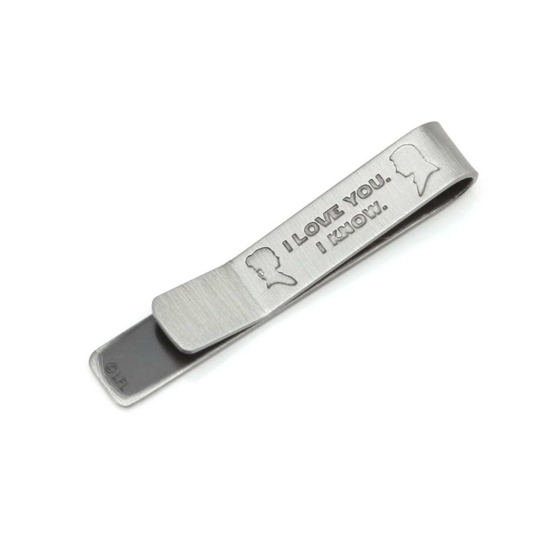 Star Wars Princess Leia and Han Solo “I Love You / I Know” Hidden Message Tie Bar engraved with silhouettes of Princess Leia and Han Solo and the text “I LOVE YOU. I KNOW.”