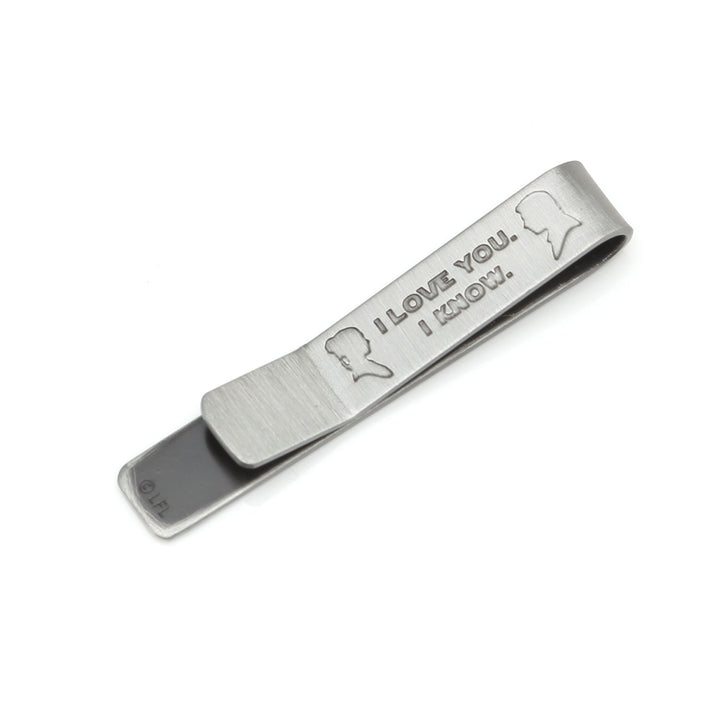 Star Wars Princess Leia and Han Solo “I Love You / I Know” Hidden Message Tie Bar engraved with silhouettes of Princess Leia and Han Solo and the text “I LOVE YOU. I KNOW.”