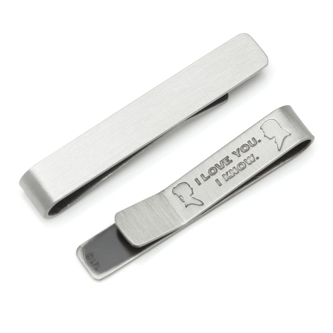 Two silver-toned Star Wars Princess Leia and Han Solo “I Love You / I Know” Hidden Message Tie Bars, engraved with “I love you. I know.” between silhouettes of Princess Leia and Han Solo.