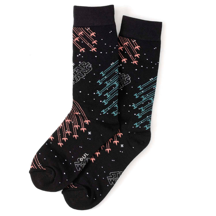 Star Wars Transport 3 Pack Sock &amp; Lapel Pin Gift Set features black crew socks patterned with small red and blue starfighter ships and the Star Wars logo.