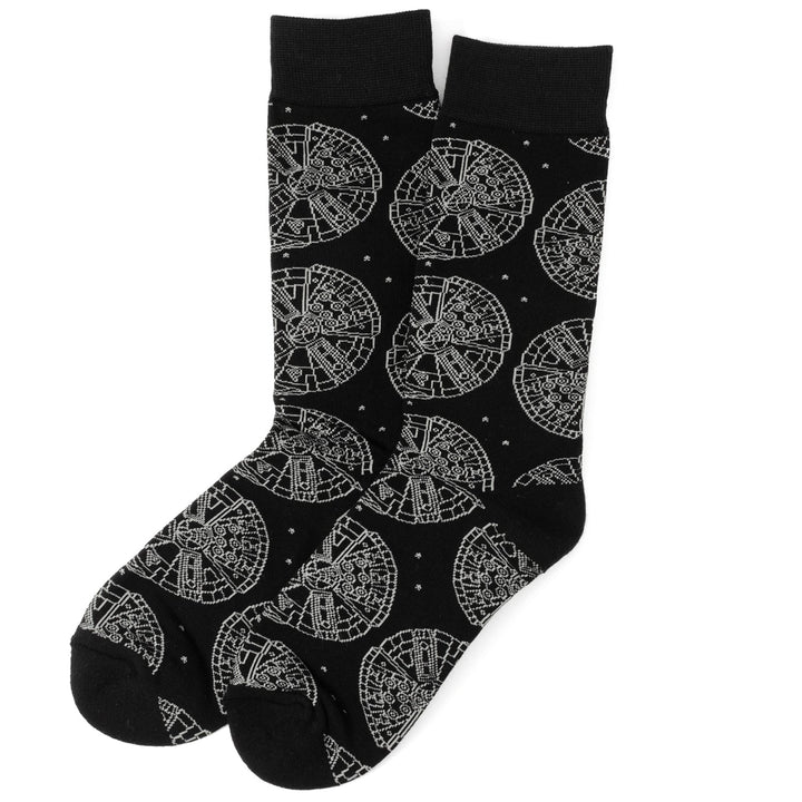 Black crew socks from the Star Wars Transport 3 Pack Sock &amp; Lapel Pin Gift Set featuring a repeating white pattern of the Millennium Falcon.