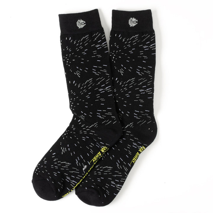 Black crew socks from the Star Wars Transport 3 Pack Sock &amp; Lapel Pin Gift Set featuring a white dash pattern, a Death Star icon on the cuff, and “FAR AWAY...” in yellow on the foot.