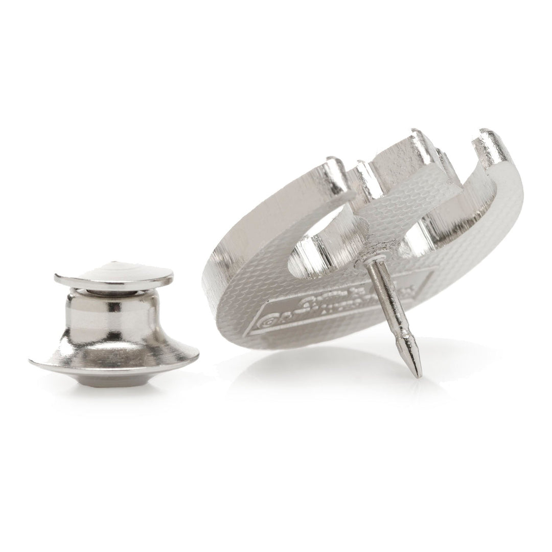 Silver Millennium Falcon Rebel Alliance lapel pin from the Star Wars Transport 3 Pack Sock &amp; Lapel Pin Gift Set, shown with its backing clutch.