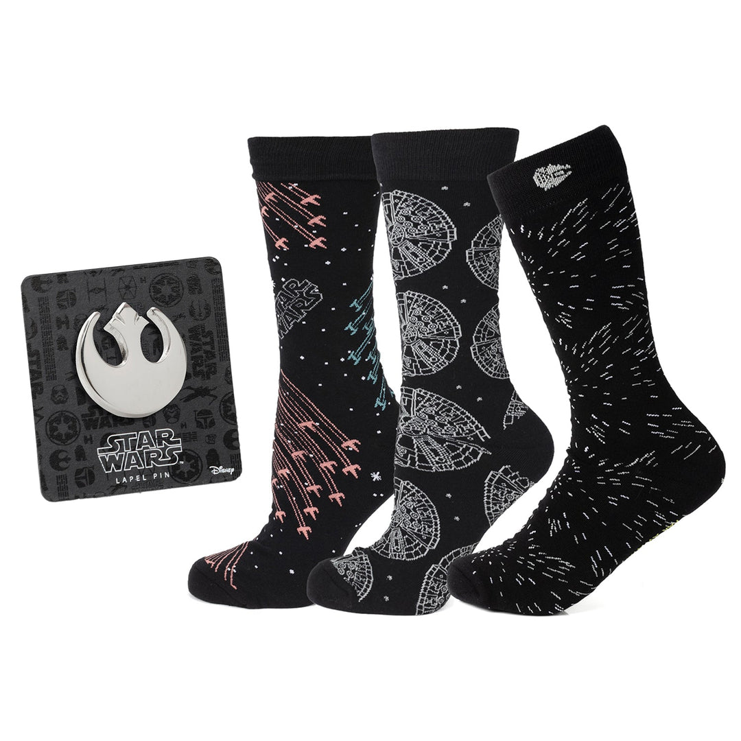 Star Wars Transport 3 Pack Sock &amp; Lapel Pin Gift Set featuring three pairs of patterned socks and a metallic Rebel Alliance symbol lapel pin on a display card.