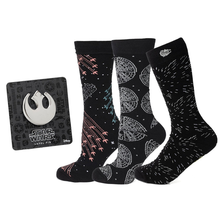 Star Wars Transport 3 Pack Sock &amp; Lapel Pin Gift Set featuring three pairs of patterned socks and a metallic Rebel Alliance symbol lapel pin on a display card.