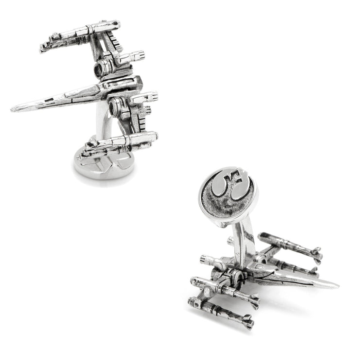 Star Wars X-Wing 3D Cufflinks in silver, shaped like X-wing starfighters with a Rebel Alliance symbol on the circular closure.