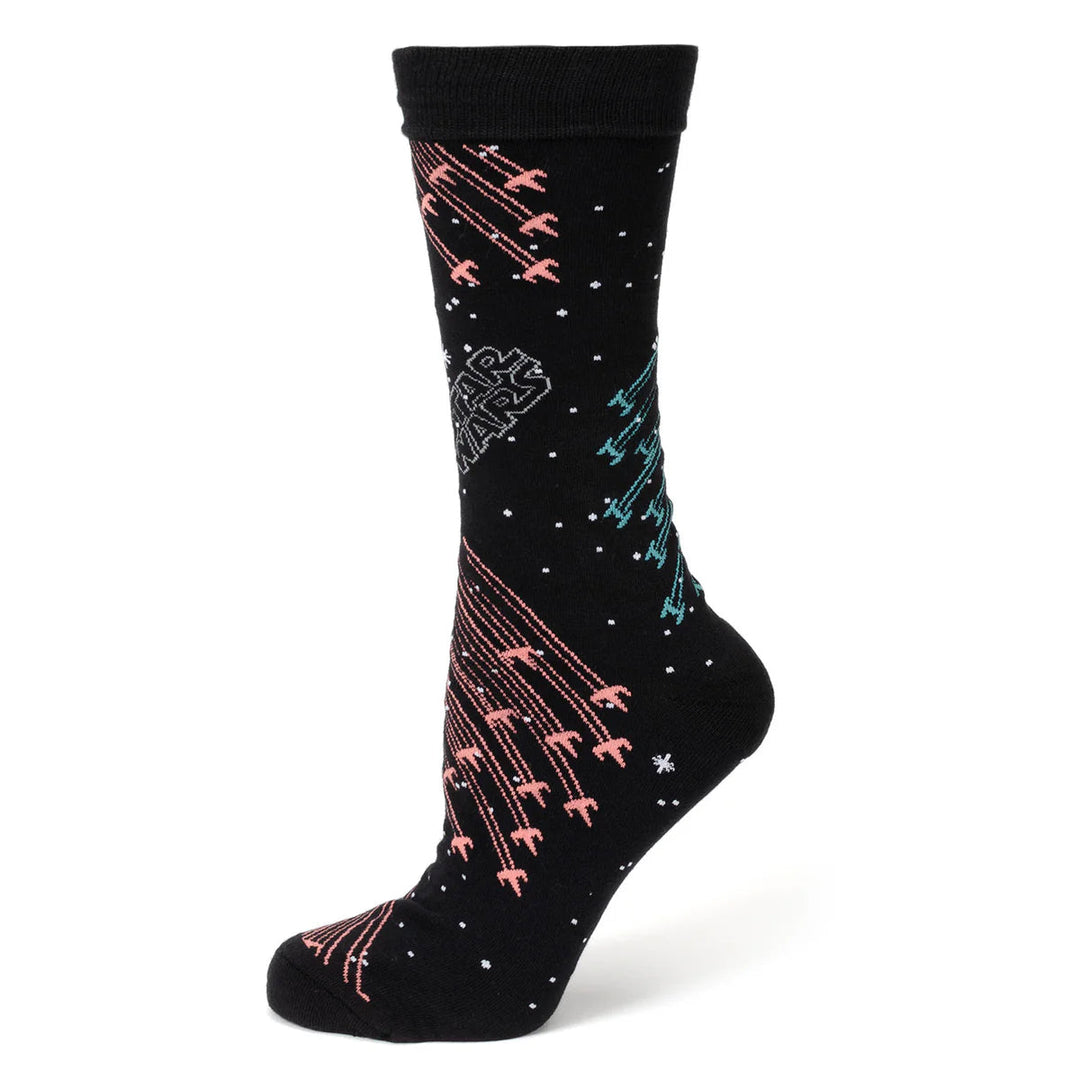 Black crew socks from the Star Wars X-Wing and TIE Fighter Battle Dress Socks and Lapel Pin Gift Set, patterned with pink and blue X-Wing and TIE fighter starships and white stars.