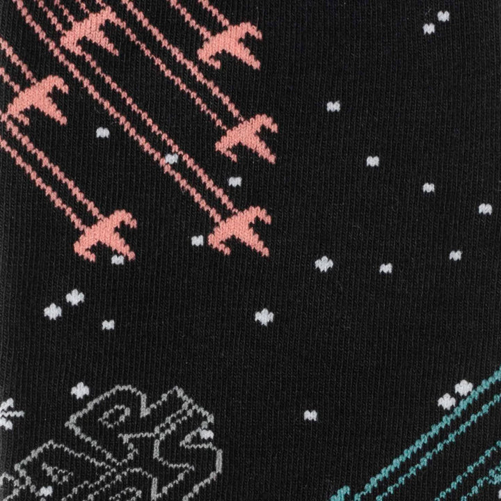 Black knit Star Wars X-Wing and TIE Fighter Battle Dress Socks and Lapel Pin Gift Set featuring X-wing and Tie Fighter patterns with small white stars.