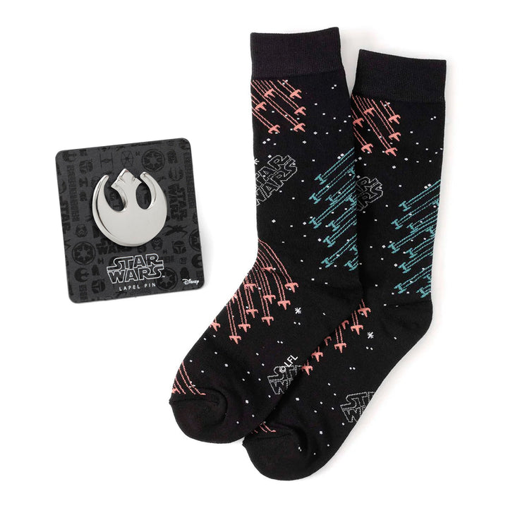 A pair of black X-Wing and TIE Fighter battle dress socks and a metallic Rebel Alliance lapel pin from the Star Wars X-Wing and TIE Fighter Battle Dress Socks and Lapel Pin Gift Set by Cufflinks.com.