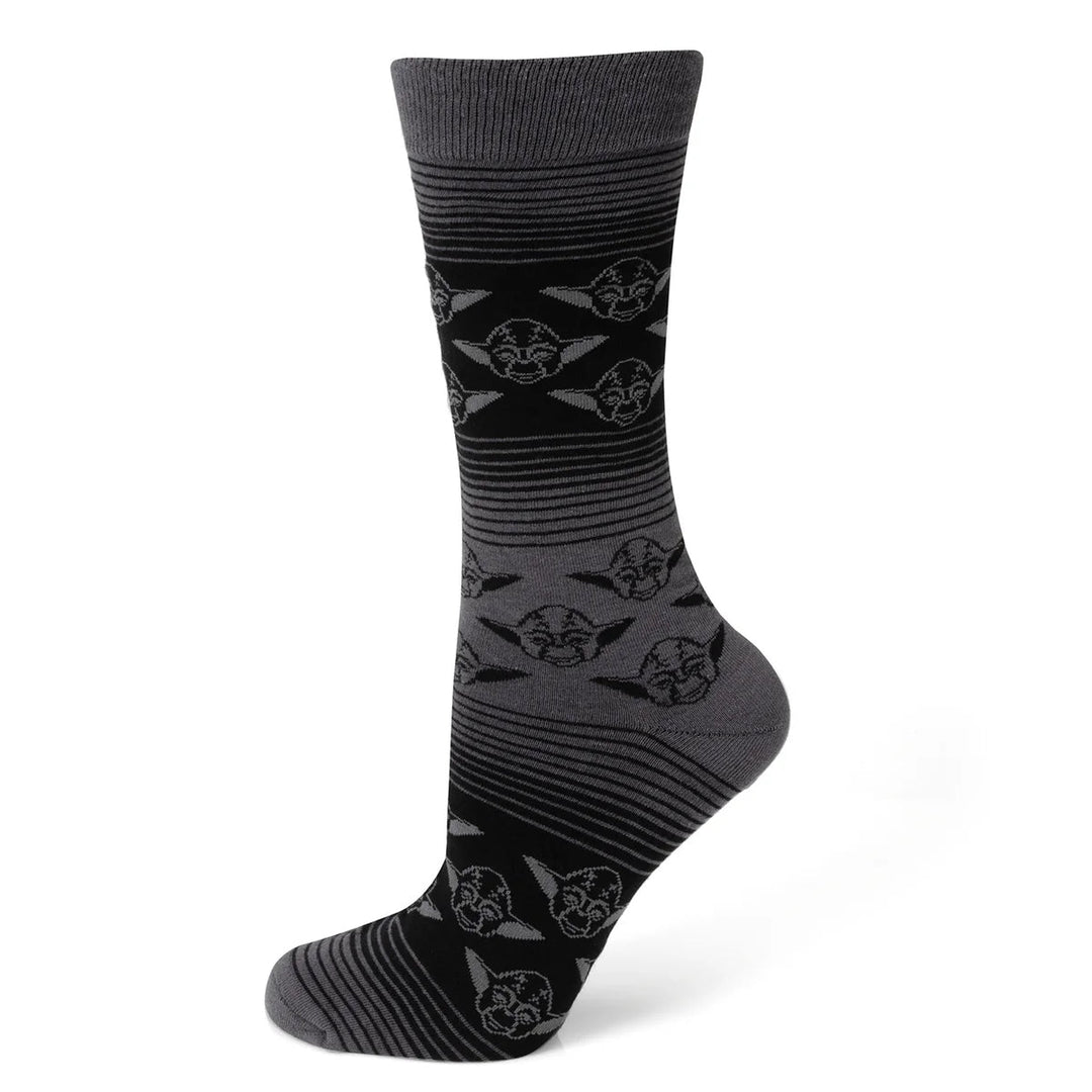Star Wars Yoda Black Charcoal Dress Socks in black and gray with Yoda face patterns and striped bands.
