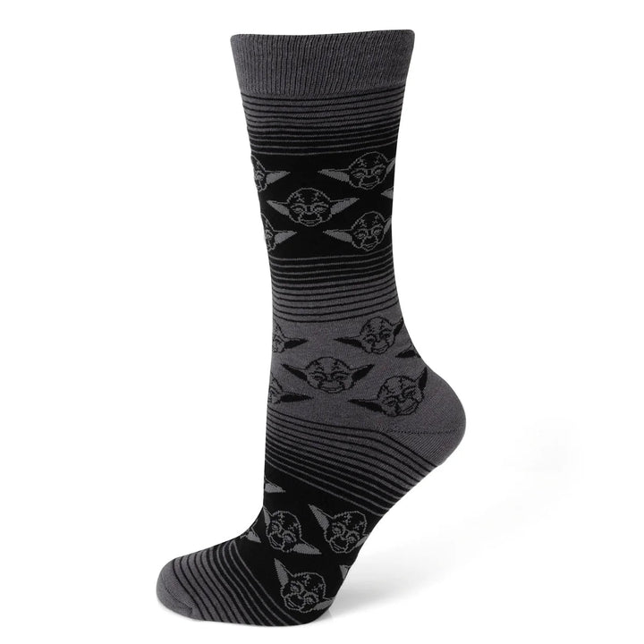 Star Wars Yoda Black Charcoal Dress Socks in black and gray with Yoda face patterns and striped bands.