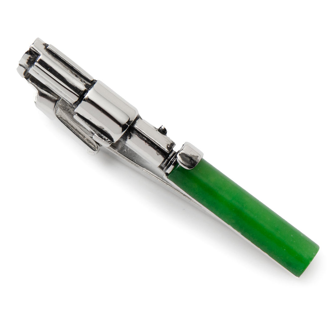 A silver Star Wars Yoda LIGHTSABER Tie Clip with a green blade.