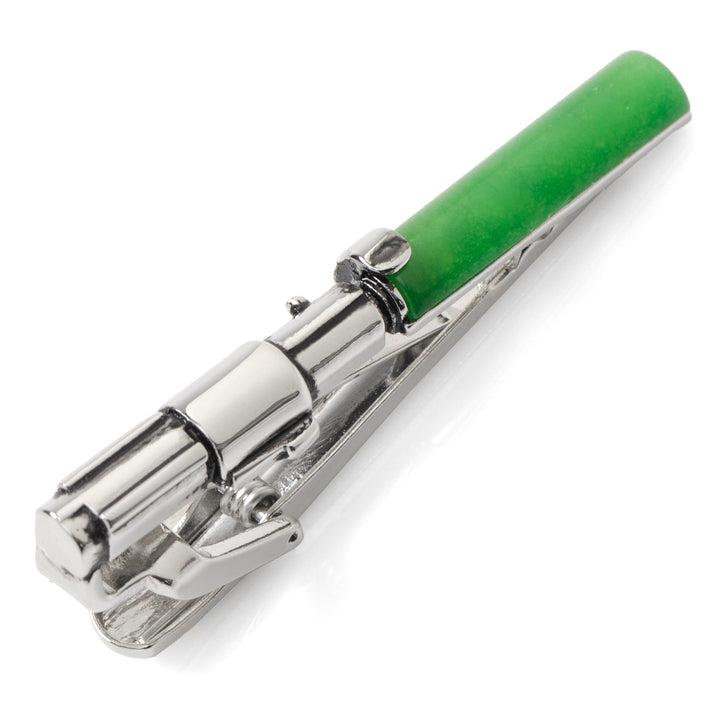 Silver Star Wars Yoda LIGHTSABER Tie Clip shaped with a green blade.