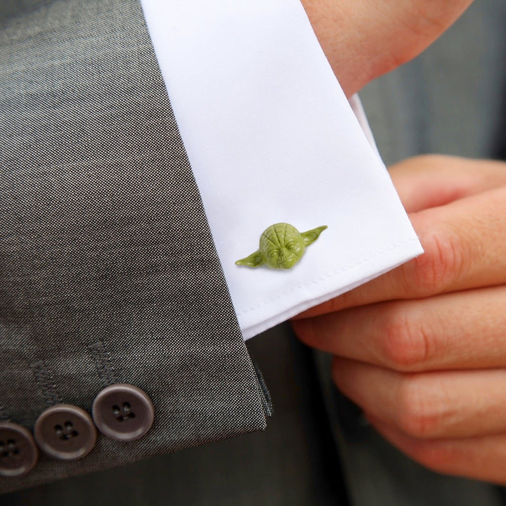 Star Wars Yoda 3D Cufflinks fastened to a white dress shirt cuff, showcasing a green Yoda design.