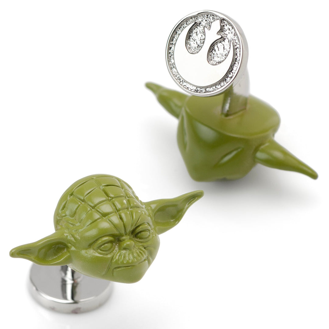 Star Wars Yoda 3D Cufflinks shaped like Yoda’s head, with silver-tone backings featuring the Rebel Alliance starbird symbol.