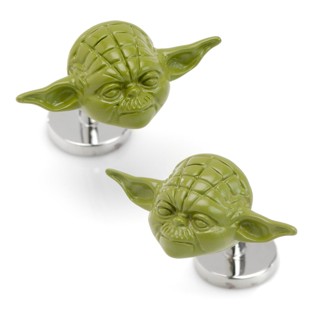 Star Wars Yoda 3D Cufflinks featuring the green head of Yoda on silver-toned metal bases.
