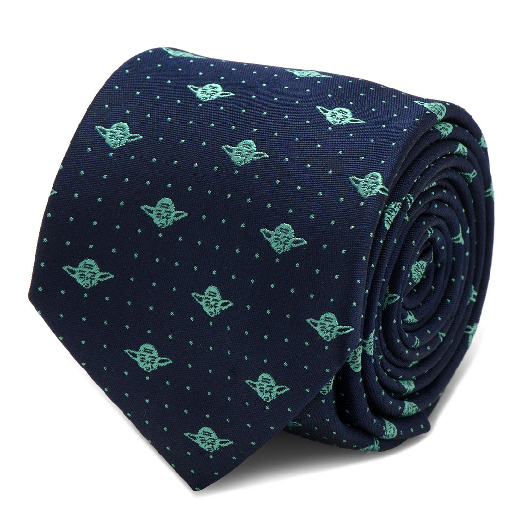 Rolled Star Wars Yoda Dotted Navy Tie in navy blue silk with a repeating pattern of small light green Yoda heads and dots.