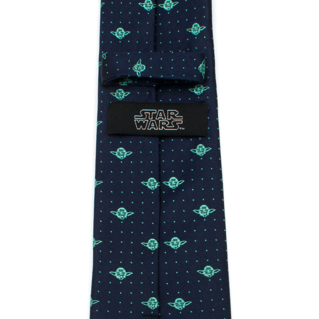 Star Wars Yoda Dotted Navy Tie in navy blue silk with a pattern of light green Yoda heads and small dots, featuring a brand label on the back.