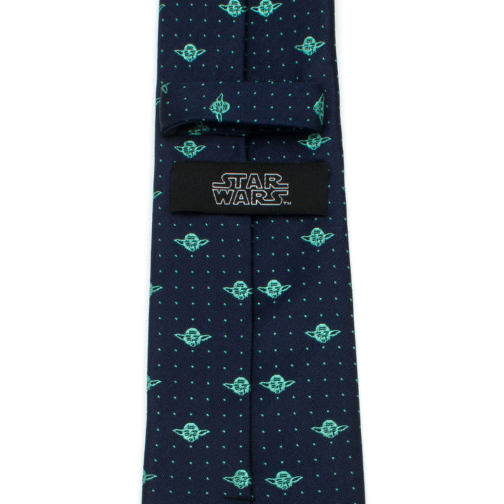 Star Wars Yoda Dotted Navy Tie in navy blue silk with a pattern of light green Yoda heads and small dots, featuring a brand label on the back.