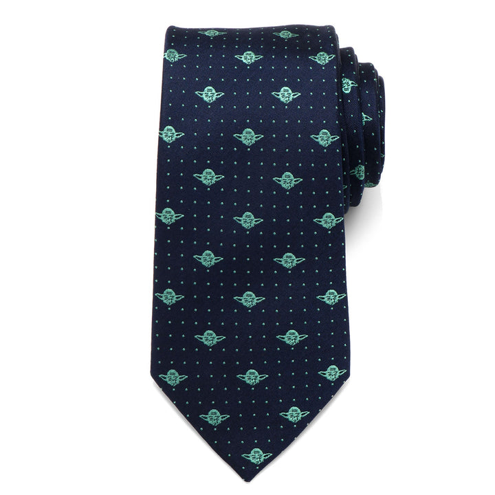Star Wars Yoda Dotted Navy Tie in navy blue with a repeating pattern of small light green Yoda heads and white dots.