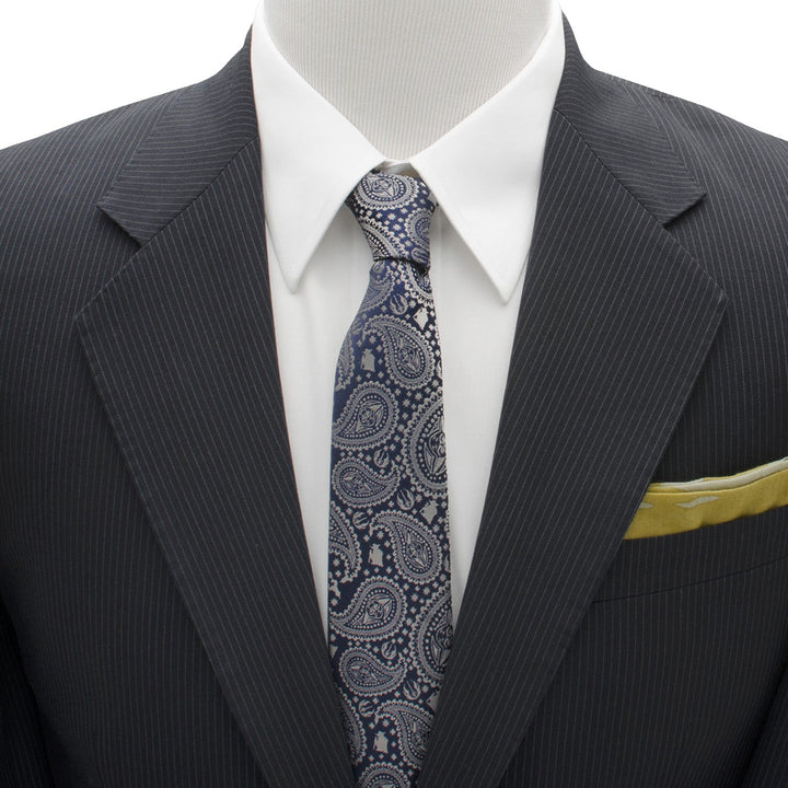 Star Wars Yoda Navy Paisley Tie in navy blue paisley with small Yoda icons, worn with a white shirt, pinstripe suit jacket, and yellow pocket square.